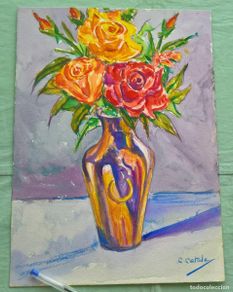 Arte: Acuarela ,Flores en Jarron..22 x 31,50 ctms
